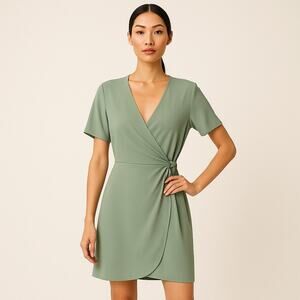 Aritzia Babaton Wallace Sage Green Short Sleeve V-Neck Knee Length Wrap Dress M